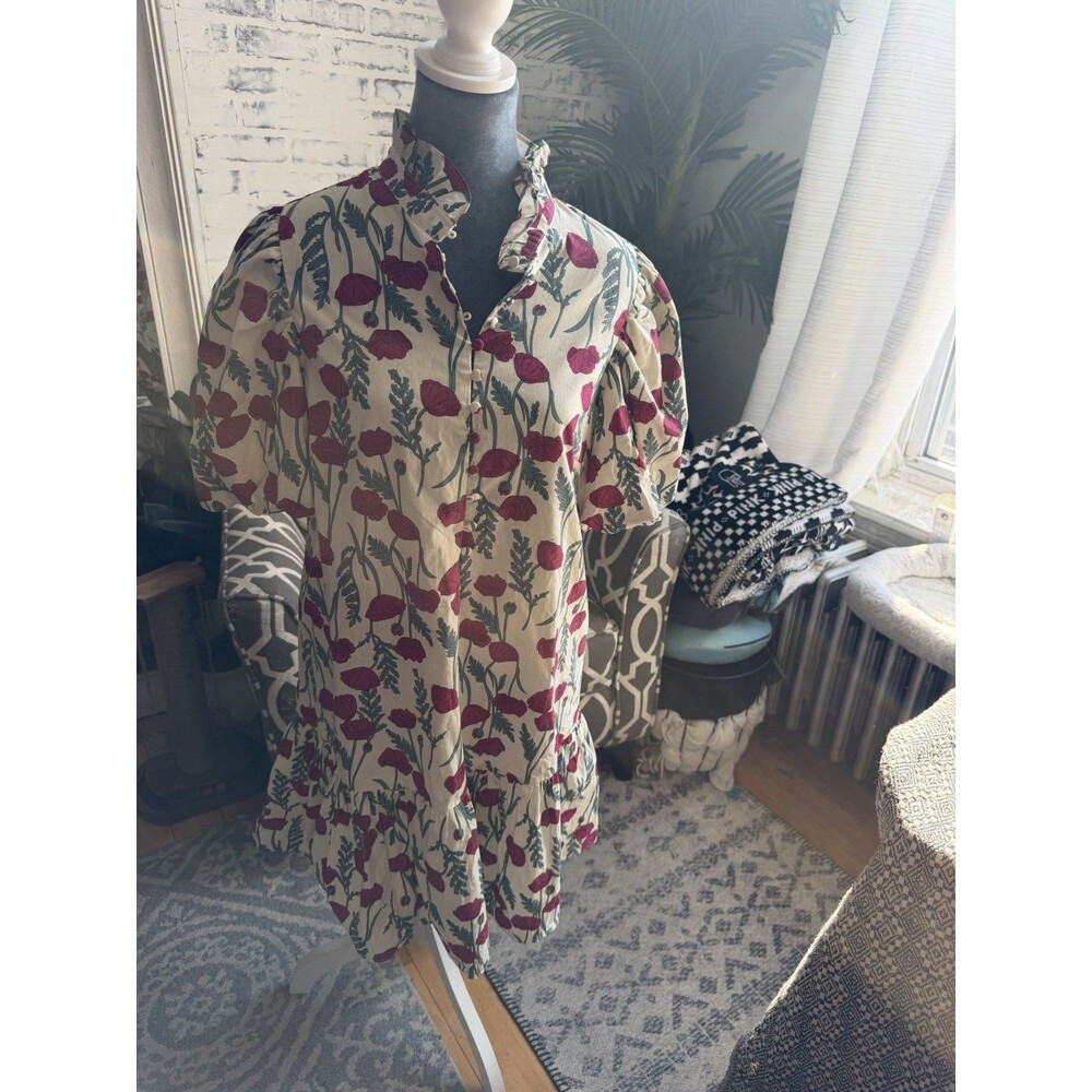 Hyacinth House Red Amaryllis Floral Mimsy Mini Dress Size M White Puff Sleeve